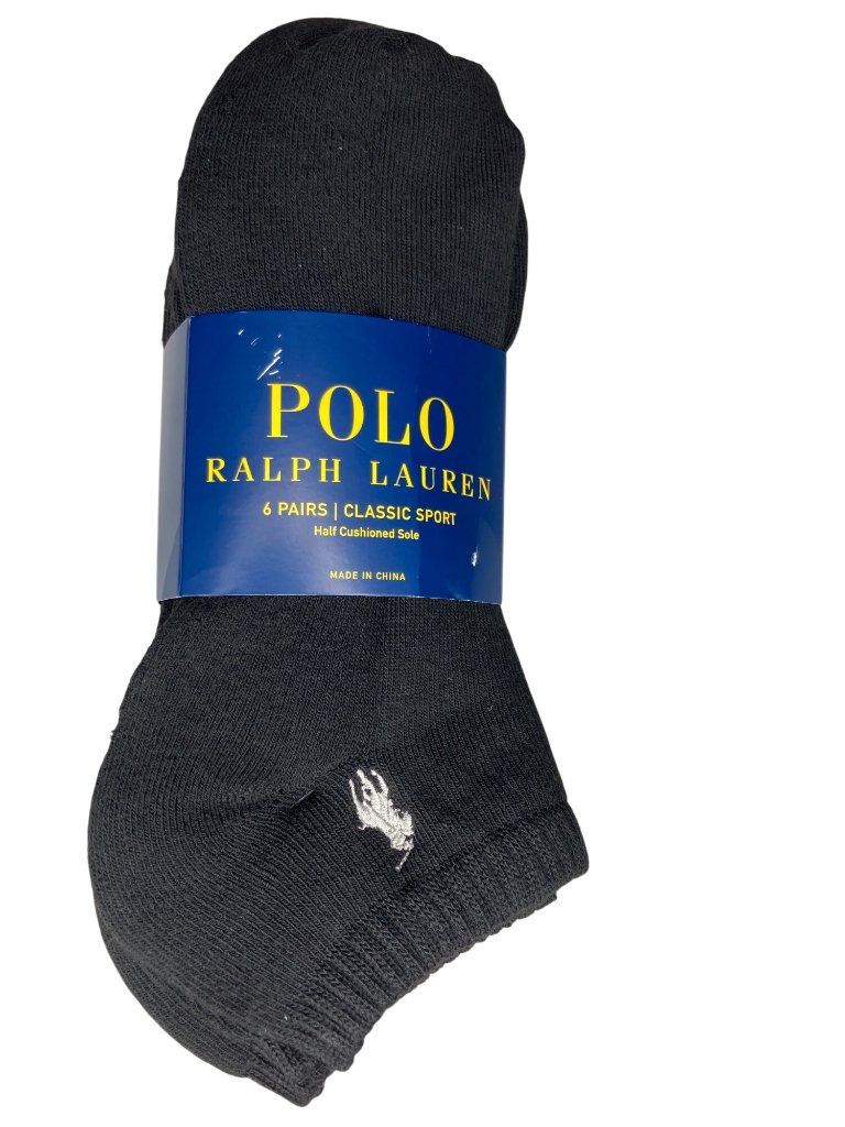 Polo Ralph Lauren Socks Size 10-13 Black No Show Classic Sport Black Cushion